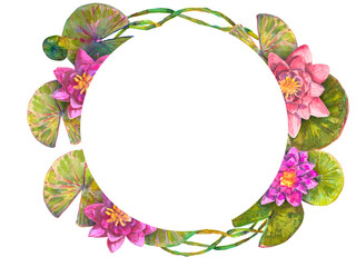 Water Lily Watercolor hand drawn Flower Wreath. Lotus frame. Hand drawn floral wreath with asian oriental element, botany composition