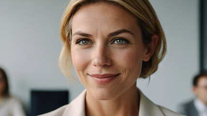 Confident businesswoman smiling in a professional office environment.