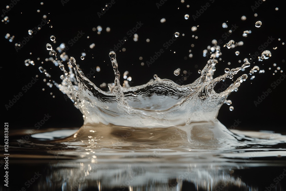 Poster dynamic splash of water creating droplets against a dark background in creative advertising layout