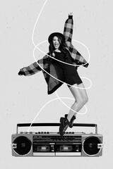 Vertical collage image of cheerful excited girl stand big boombox dancing isolated on painted...