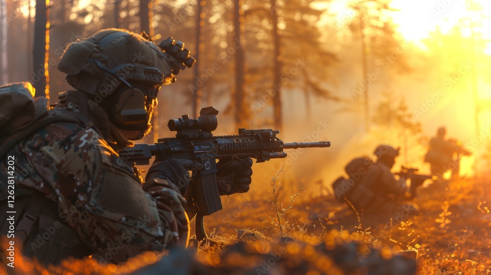 Poster soldiers engage in tactical maneuvers while positioned in a forest as the sun sets, illuminating the
