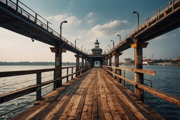 Fototapeta premium Pier by the Beautiful River with a River Station, Surrounded by a Picturesque Color Palette