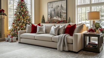 Fototapeta premium Cozy Christmas Living Room with Decorated Tree and Sofa
