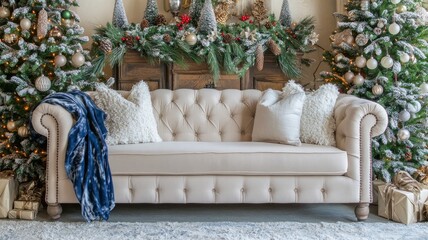 Obraz premium Cozy Christmas Living Room with Elegant Sofa and Decorated Fireplace