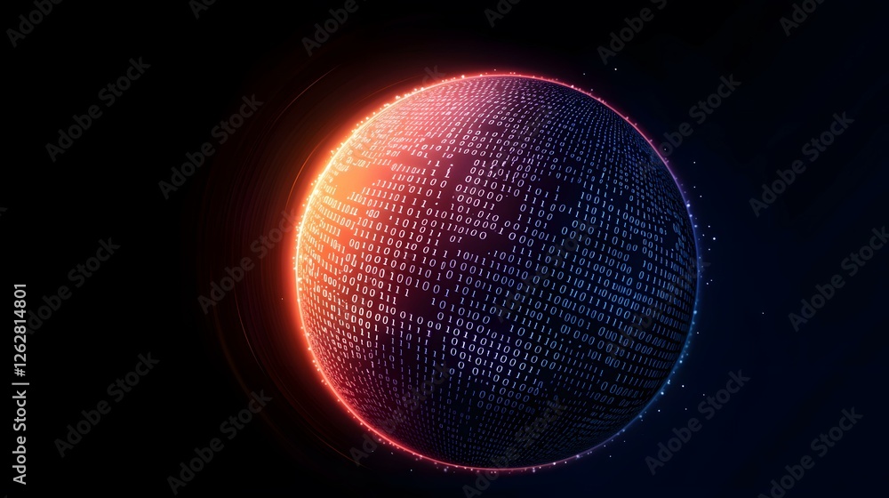 Poster a sphere composed of binary code rotates, encircled by a vibrant, warm-toned halo.