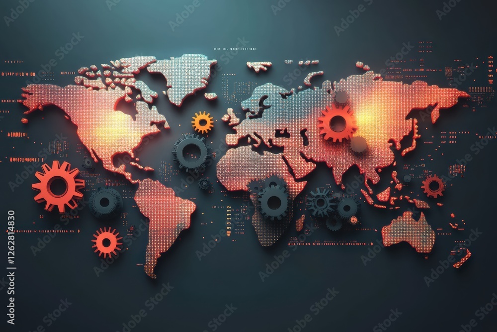 Poster graphic layout showcasing a dynamic world map integrated with gears and digital elements