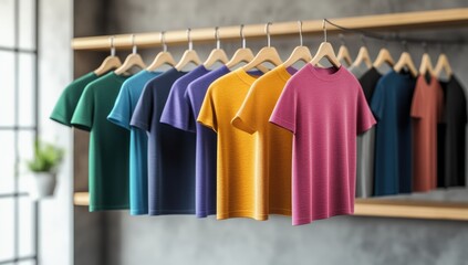 Obraz premium A T-shirt hanging on the shelf in a store, surrounded by other T-shirts of different colors and designs.