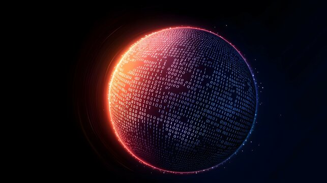 A sphere composed of binary code rotates, encircled by a vibrant, warm-toned halo.