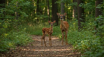 Two white-tailed deer, a fawn and its hind, walk along a natural trail in the woods of northern Wisconsin.
