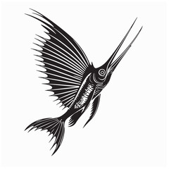 Sailfish Hand Drawn Illustration Black and White vector isolated on white background.