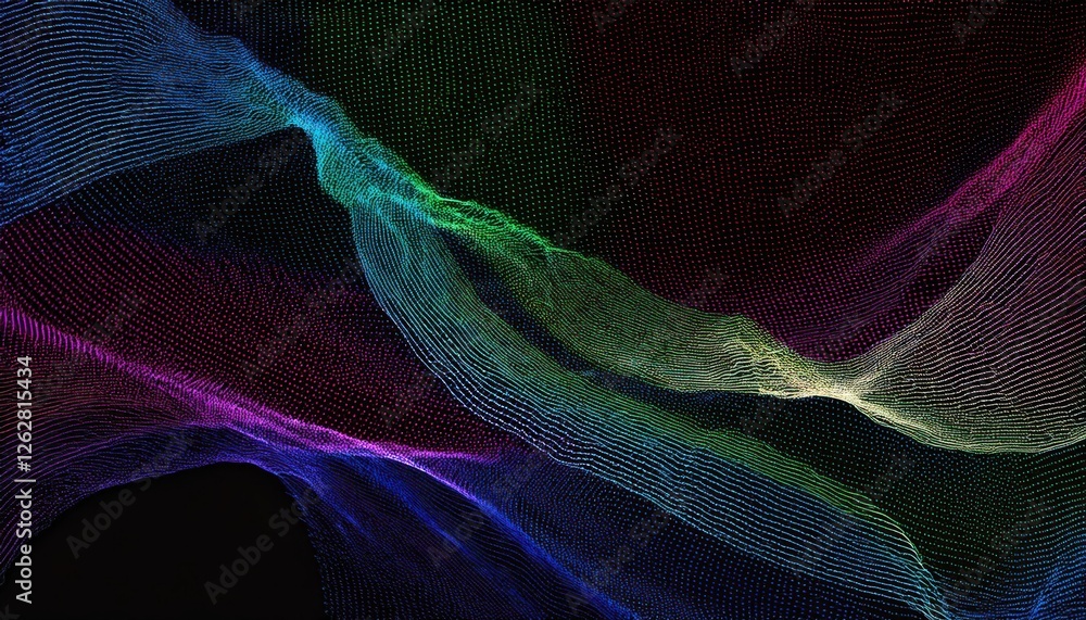 Poster colorful 3d digital wave grid with neon gradient lines and glowing dots for futuristic design, tech visuals, and background