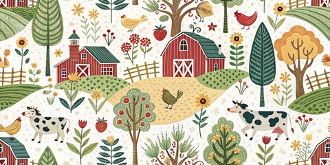 Farm Scene Illustration, Dotted Lines, Rural Landscape, Countryside, Agricultural Illustration, Farming,  Hay Bales, Barns, Fields,  Farm Animals, Rustic, Vintage, Sketch, Drawing, Hand
