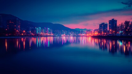 Fototapeta premium Vibrant Cityscape Reflection at Night with Colorful Lights