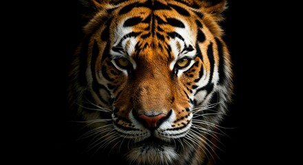 Fototapeta premium A close-up of a tiger's face illuminated against a dark background, showcasing its striking features and intense gaze.