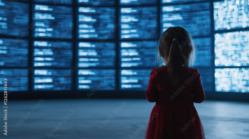 Poster child in control room with panoramic digital dashboards displaying data