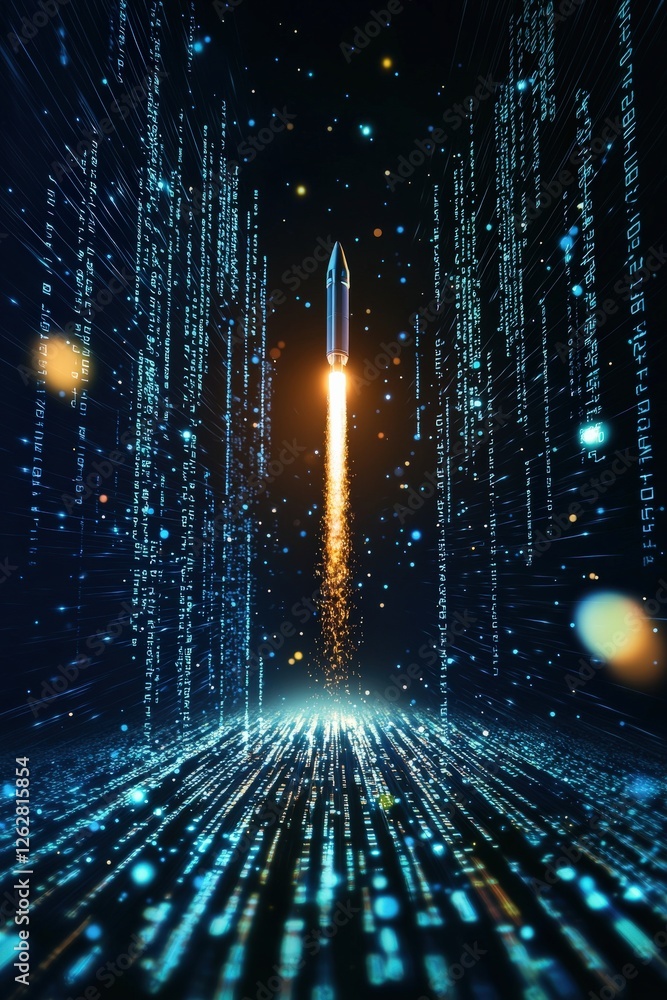 Poster a symbolic rocket launching into a sky filled with data visuals.