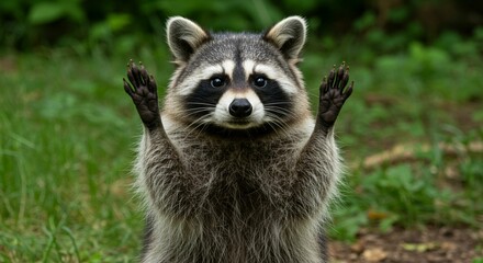 Obraz premium close-up of a raccoon standing on its hind legs with its arms stretched upwards.