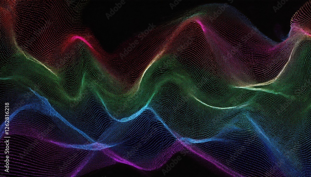 Poster colorful 3d digital wave grid with neon gradient lines and glowing dots for futuristic design, tech 