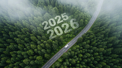 Aerial top view road in forest with car to start the new year 2026 Goal plan action, Business target and growth strategy. Business annual plan and development for achieving goals and success.