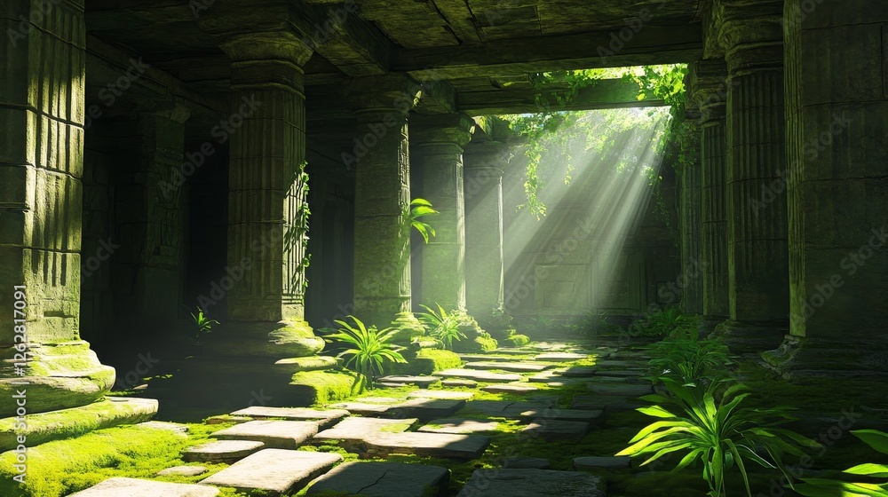 Poster sunlight streams through ancient ruins, illuminating lush greenery and stone pathways in a serene se
