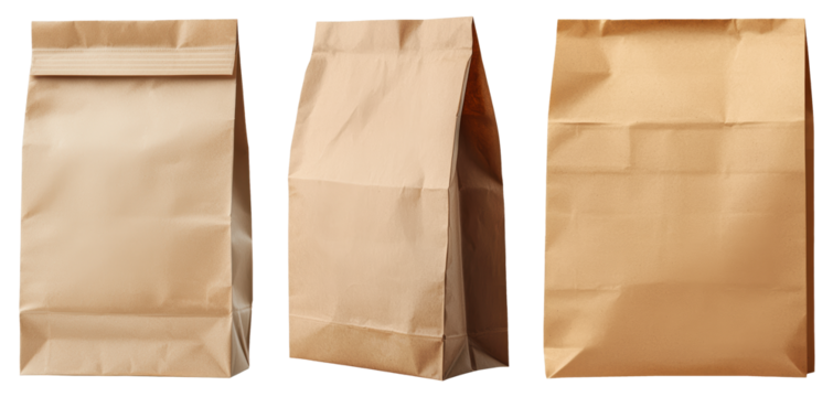 Three Brown Paper Bags on a Transparent Background For Mockups and Branding