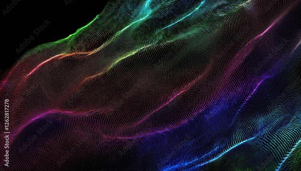 Poster colorful 3d digital wave grid with neon gradient lines and glowing dots for futuristic design, tech 