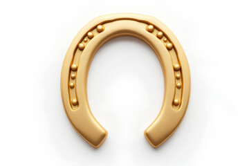 Isolated golden horseshoe with small golden balls for Saint Patrick's Day symbolising Irish fortune and representing luck and prosperity on a white background