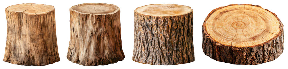Four Brown Wood Log Stumps Isolated on a Transparent Background with Transparent Wood Texture
