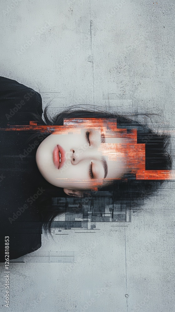 Poster conceptual depiction of a person experiencing mental overload, with digital effects symbolizing info