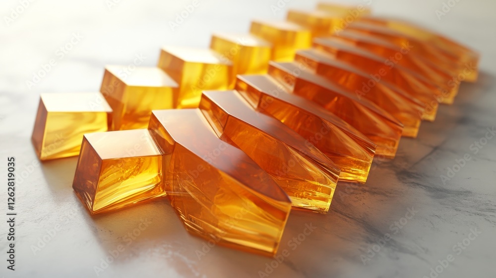 Poster array of translucent amber cubes descending in a row