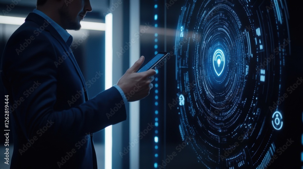 Poster businessman using mobile device with futuristic security interfa