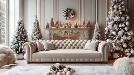 Elegant Christmas Living Room Interior with Fireplace and Decorated Trees