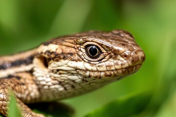 Naklejka premium Lizard head close-up in green grass. Possible use Nature, wildlife photography