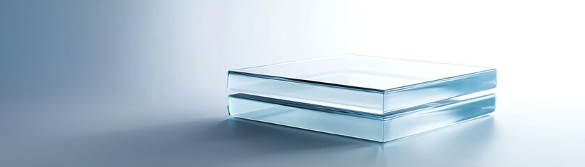 Clean transparent glass blocks on a minimalist surface, white isolated background.