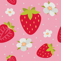 Garden strawberries with flower seamless pattern on pink background