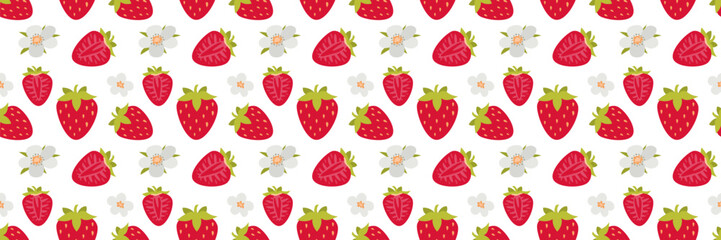 Strawberry berries full and half with flowers simply pattern on white background