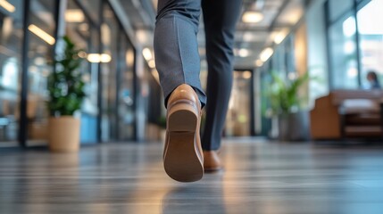 Person wearing dress shoes walking down an office hallway