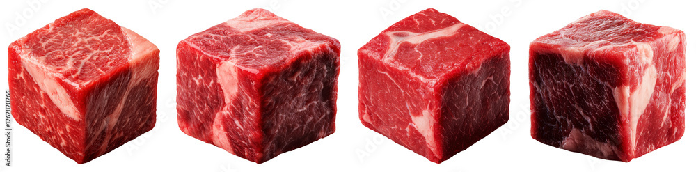 Poster four raw diced beef cubes with marbling on a transparent background in studio lighting