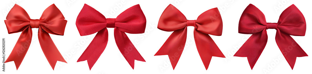 Poster four red glittering bows arranged in a row on transparent background for christmas