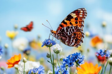 Obraz premium Vibrant butterfly feeding on colorful wildflowers in a sunny meadow.