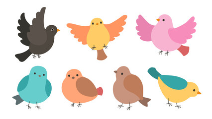 Colorful spring bird collection. Set of cute birds vector icons. Fun cartoon songbird and sparrows simple vector illustration. Springtime design elements.