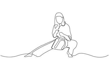 Single line drawing of sporty young karateka woman in fighting uniform with belt exercising martial arts in gym, Female karateka showing kicking technique. continuous one line drawing style.