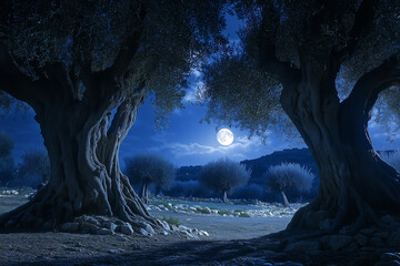 Ancient Olive Trees in Gethsemane Garden Under Full Moon - Mystical Night Landscape on Maundy Thursday - Biblical Jerusalem Scene