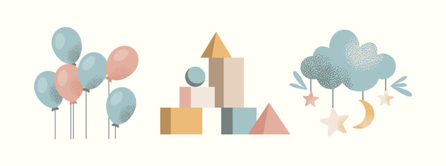 Baby set of toys, balloons, baby clothes, footprints, pacifier, teddy bear, giraffe, stacking rings, baby bottle decorative elements in pastel colors. Flat vector illustration isolated on background