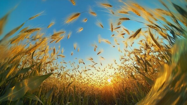 cornfield at sunset with a clear blue sky overhead