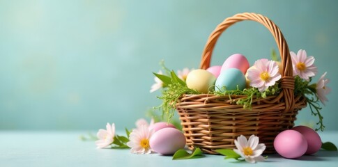 Wicker basket overflowing with pastel eggs, spring flowers , colorful eggs, Christian