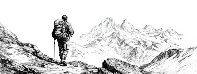 Black and white ink drawing of an explorer with walking sticks in the mountains
