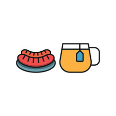 Tea and sausage set food icon represents a unique meal pairing, perfect for café menus, breakfast designs, and snack-themed illustrations.