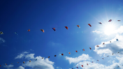 Colorful International Flags Fluttering in the Wind Under a Bright Blue Sky