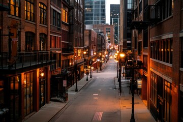 Naklejka premium Empty city street at dawn, brick buildings, lit shops, urban scene, quiet morning